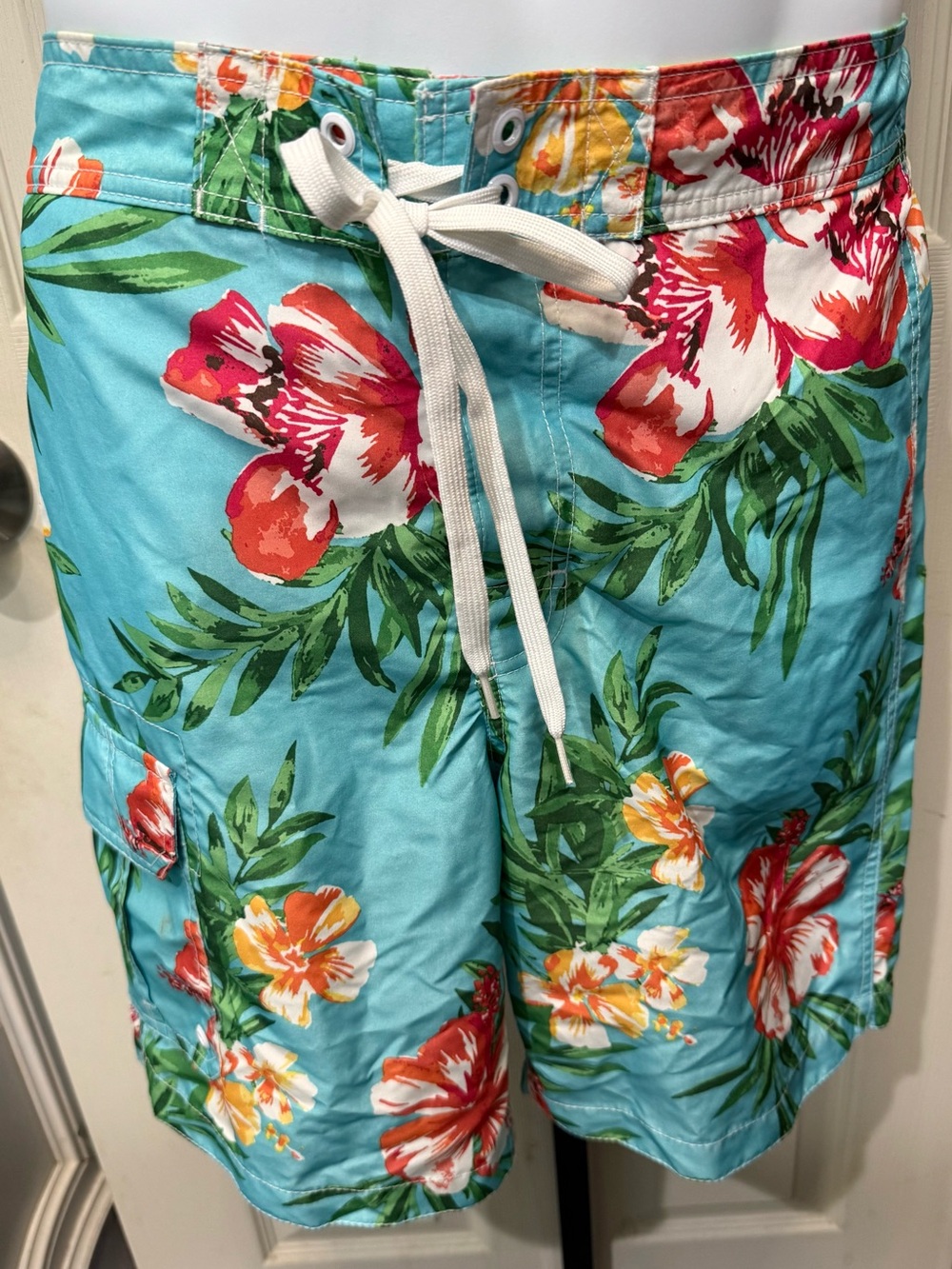 Merona Aqua Tropical Floral Print Swim Trunks with White Mesh Lining
